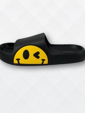 Black Slide Sandals with Yellow Winking Smiley